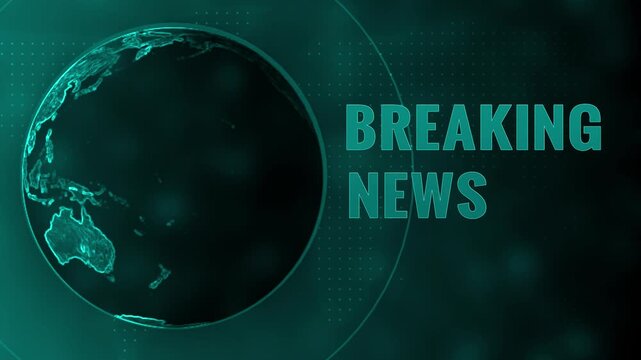 Futuristic digital globe of Earth with glowing teal continents and concentric circles on a dark teal and black gradient background with the words BREAKINGNEWS in large teal block letters