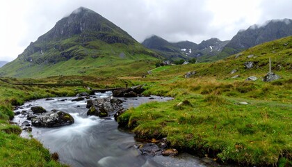 Serene mountain landscape with a flowing stream and lush greenery.
