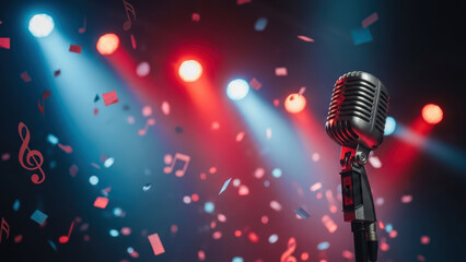 A shiny microphone stands on a dark stage with colorful confetti and bright lights.
