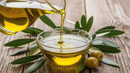 A group of people pouring olive oil into a small glass bowl on a wooden table with green leaves and olives around it in a kitchen