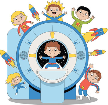 Cute Cartoon Kids Playing Around a Space-Themed MRI Scanner Vector Illustration