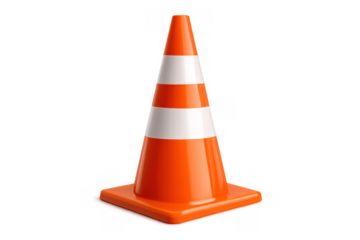 Orange traffic cone with white reflective stripes standing, representing road work, construction site safety, and caution