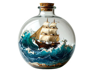 Model Ship in Bottle with Detailed Ocean Waves