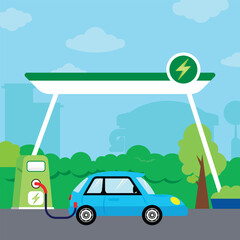 Electric vehicle, electric car charging station flat design, charge electric car
