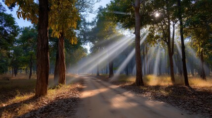 Obraz premium Serene Forest Pathway with Sunlight Breaking Through Trees in Morning Light