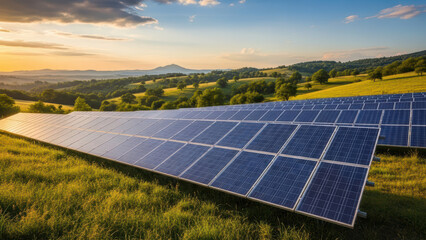 Renewable Energy Farm with Solar Panels on Rolling Green Hills at Sunset