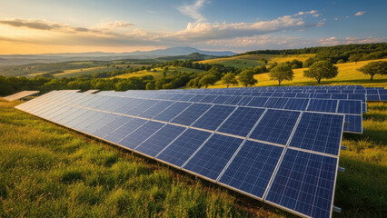 A serene landscape featuring solar panels in a lush green field with trees and a clear blue sky at sunrise
