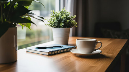 A serene still life on a light brown wooden tabletop featuring a cup of coffee, saucer, notebook, smartphone, and potted plants near a window.