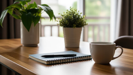 A serene still life of a wooden table with a notebook, coffee cup, and potted plants on a balcony with a scenic view outside the window.
