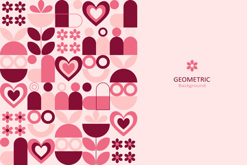 Geometric Valentine background with hearts, flowers, and abstract shapes in soft pink and red tones, leaving clean space for text, perfect for banners and romantic designs