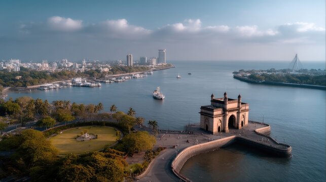 Aerial View of Gateway of India with Blue Sky Over Mumbai Cityscape and Seaside Parks