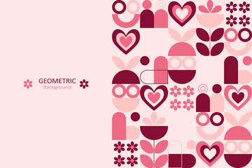 Geometric Valentine background with hearts, flowers, and abstract shapes in soft pink and red tones, leaving clean space for text, perfect for banners and romantic designs