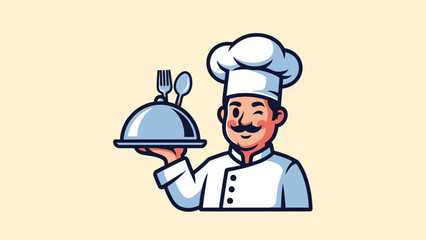 Chef holding a covered dish with cutlery on top.