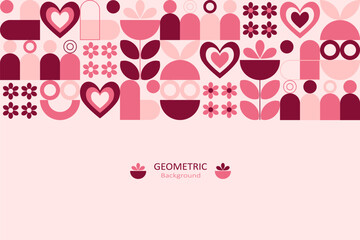 Geometric Valentine background with hearts, flowers, and abstract shapes in soft pink and red tones, leaving clean space for text, perfect for banners and romantic designs