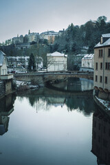 Alzette River, from B&eacute;inchen Br&eacute;ck Bridge, Pafendall, Luxembourg, Pfaffenthal. Snow covered scenery. January 2nd, 2026.