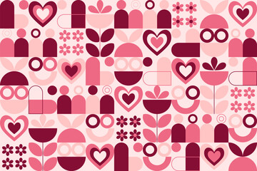 Playful geometric valentine pattern with hearts, flowers, and abstract shapes in pink and red tones, perfect for romantic backgrounds, wrapping paper, and modern love-themed designs.