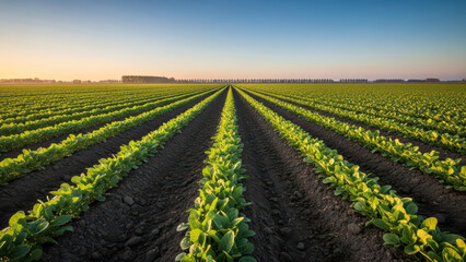 Rows of young plants grow in a vast field with soil and sunset in background outdoors