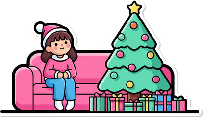 Obraz premium A cheerful young girl in a Santa hat sits on a pink couch next to a decorated Christmas tree surrounded by gifts