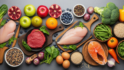 A colorful arrangement of various foods including fruits, vegetables, meats, and grains on cutting boards and plates laid out on a table for a culinary event or healthy eating display.