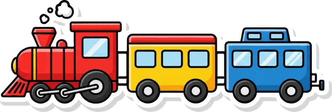 Cartoon train with red engine, yellow, and blue cars puffing smoke