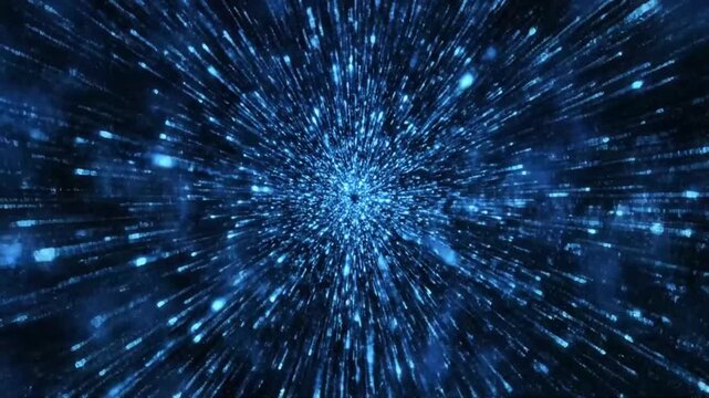 Abstract digital tunnel with blue particles and light streaks creating a sense of speed and movement in a cosmic environment