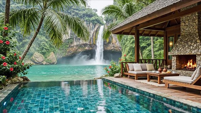 Luxurious tropical resort view featuring a stunning natural waterfall, infinity pool, and cozy cabin patio with a stone fireplace, perfect for an exclusive rainforest getaway.