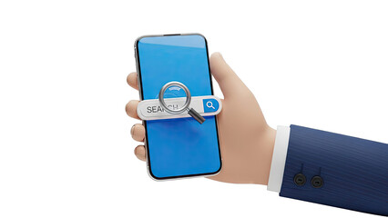 Hand Holding Smartphone with Search Bar and Magnifying Glass