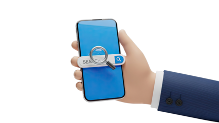 Hand Holding Smartphone with Search Bar and Magnifying Glass