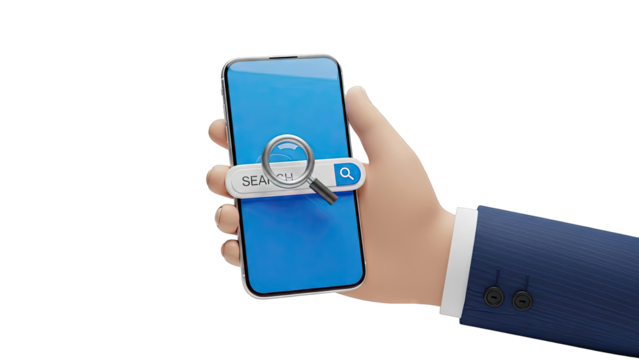 Hand Holding Smartphone with Search Bar and Magnifying Glass - Powered by Adobe