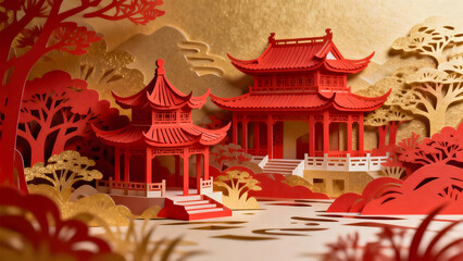 Obraz premium Layered papercut architecture expressing refined Eastern beauty