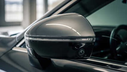 A close-up view of a car's side mirror reveals its sleek design and shiny surface reflecting light indoors.