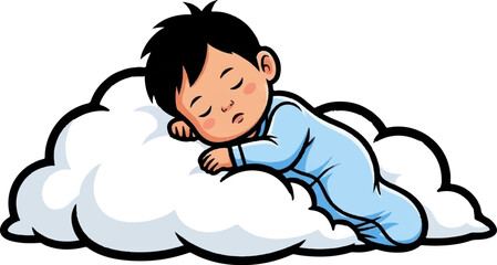 Obraz premium A sleeping baby in a blue onesie rests on a fluffy white cloud