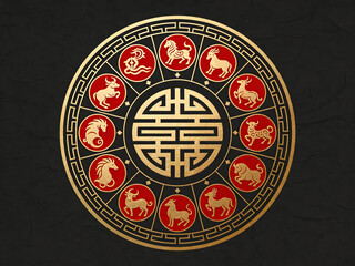 chinese zodiac wheel with yin yang symbol and twelve animal signs on dark background