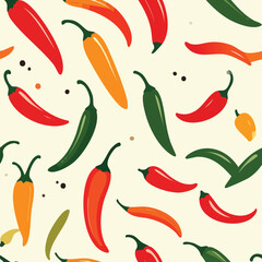 Colorful chili peppers scattered on white background