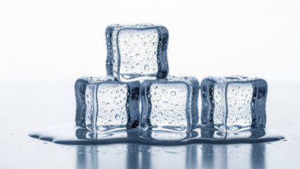 Three translucent ice cubes with visible condensation are stacked and melting on a surface with water droplets and ripples.