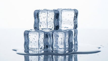 Three clear ice cubes stacked on a reflective surface with water droplets and ripples