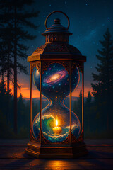 "Cosmic Hourglass in Lantern &ndash; Surreal Forest Scene with Galaxy, Ocean, and Candlelight for Fantasy and Time Themes"