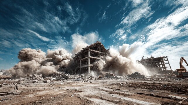 Building implosion scene with billowing dust against a dramatic, cloudy sky