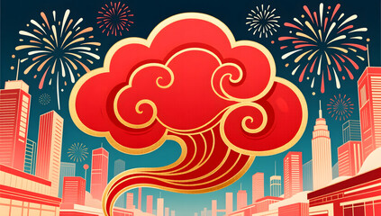 Oriental aesthetic city fireworks with red clouds and golden lines