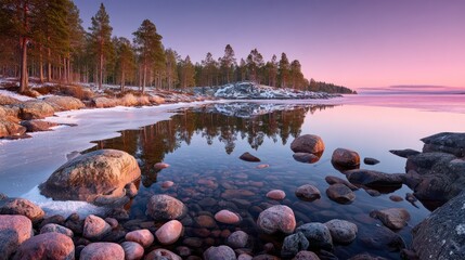 Calm lake reflecting pink and purple sunset, rocky shore, trees, ice