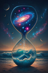 "Surreal Hourglass with Galaxy and Waves &ndash; Cosmic Beach Scene with Celestial Twilight Sky for Time and Nature Themes"