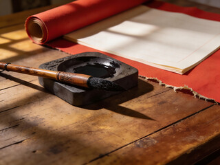 vintage calligraphy workspace with brush inkstone and scroll for cultural art