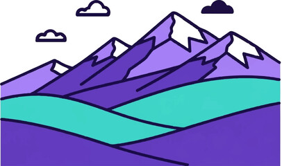 Stylized purple mountains with snow, turquoise valleys, and simple clouds
