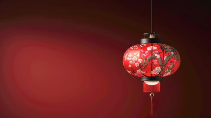 A beautifully crafted traditional red paper lantern, illuminated from within by a warm, golden light, hangs against a deep, dark red background