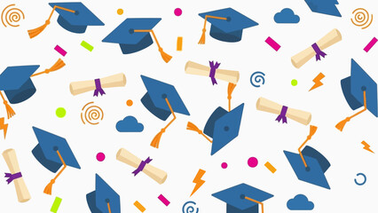 Graduation caps and diplomas pattern on white background.