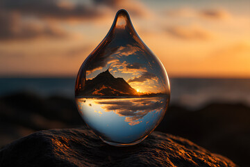 "Teardrop Glass Reflecting Coastal Sunset &ndash; Surreal Refraction of Mountain, Ocean, and Sky for Nature and Abstract Themes"