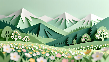 Papercut art of spring flower fields and mountains