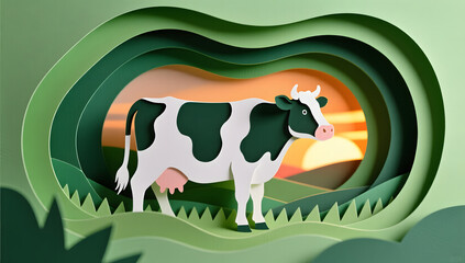 Exquisite paper-cut art style depicting cow silhouettes at sunset
