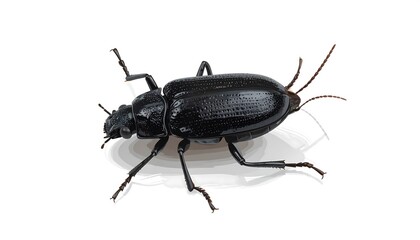 Fototapeta premium Detailed close-up of a shiny black beetle on white background.