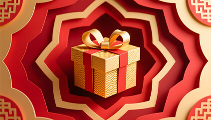 Festive red and gold paper cut style artistic gift box